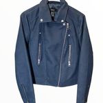 Forever 21  Faux Leather Motorcycle Jacket Asymmetrical Zip Pockets Navy Large Photo 0