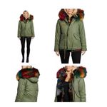 Popski Olive Green Bomber Jacket Rainbow Faux Fur Trim Multicolor Lining Women M Size 6 Photo 3