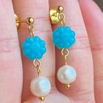 Handmade quality mini Czech glass flower beads & natural freshwater pearls chic boho vintage style dangle earrings🩵 Photo 1