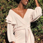 Saylor  Long Sleeve Faux Wrap Dress V-neck Ruffle Mini Sweater Knit Stretch Lined Photo 0