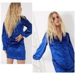 ASOS  Velvet Long Sleeve Button Detail Mini Dress in Cobalt Blue Photo 2