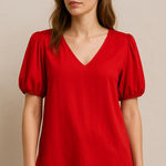 Emory park NEW Red Puff Sleeve V Neck Blouse Short Sleeve Top Size M Photo 0