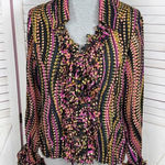 Violet+Claire  Retro Print Heart Petal Ruffle Blouse‎ Black Multi Large Photo 0