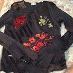 Alberto Makali Black Long Sleeve Graphic Blouse with Red Floral Embellishments Photo 0