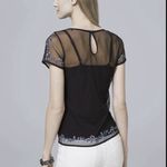 White House | Black Market Black Mesh and Blue Floral Embroidered Short Sleeve Top Photo 3