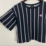 Champion Blue Striped Cropped Basic Round Neck Short Sleeve Logo T-shirt Sz S Photo 2