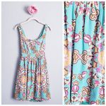 Anthropologie Judith March Teal Bold 70s Floral Print Linen Open Back Mini Dress Photo 1