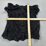 Embroidered Blouse Black Eyelet Cotton Ruffle Sleeve Button Down Top Small Photo 2