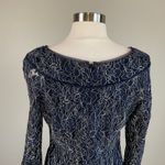 XScape  Metallic Floral Lace Long Bell Sleeve Sheath Navy Blue Size 6 Boat Neck Photo 5