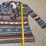 Chaps Denim Western Aztec Ruffle Mesh Lace Up Top 3/4 Sleeve Blouse Boho Size M Brown Size M Photo 5