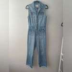 Forever 21 ‎ Sleeveless Frayed-Hem Blue Denim Button Up Jumpsuit Sz Small Photo 1