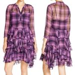 Rebecca Taylor PLAID SILK CHIFFON PURPLE RUFFLED SHIRT DRESS 4 Photo 1