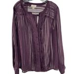 Loft  Plum gold metallic sheer long sleeve button up blouse casual wedding work L Photo 0