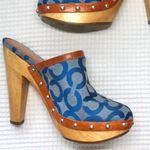 Coach Vintage Blue Signature Logo Bacall Wood Leather Clog Mule Heels Shoes 5B Photo 4