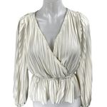 Japna  Cream White Silky Satin Pleated Faux Wrap Long Sleeve Peplum Blouse Top M Photo 0