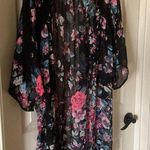 EXPRESS Long Floral Sheer Kimono Duster Cardigan Lace Trim Black Pink Size Small Photo 1