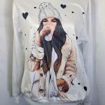 Boutique White Satiny Hoodie Shirt Girl Drinking Coffee Photo 0