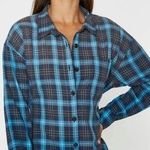 Pam & Gela  Blue Tartan Belted Flannel Button Down Shirt Photo 0