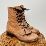Laredo Vintage Leather Lace Up Roper Granny Paddock Fringe Tan Cowgirl Boots 6.5 Photo 0