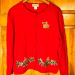 Longaberger  Red Embroidered Baskets & Holly Button cardigan Vtg USA sz XL-EUC Photo 0