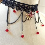 Black Lace Choker Necklace with Chain Drapes & Red Crystal Drops Photo 1