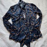 Navy & Gold Chains Satin Pussybow Blouse Blue Size 10 Photo 2