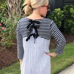 English Factory midnight blue/white striped pleated back tie ribbon mini dress Photo 2