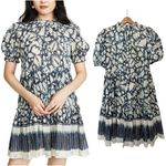 Ulla Johnson  Dahlia Dress Blue Batik Short Puff Sleeves Crew Neck Silk Lurex 2 Photo 1