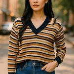 Madewell Blue Cream Orange Striped Long Sleeve V Neck Chunky Knit Sweater XXS Photo 0