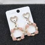 Love Heart Pink Flower Pearl Drop Hoop Earrings for Women Gold Photo 1