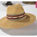 NWT Natural Braided Trim Panama Hat, Maroon/Navy Stripe, Sz. 23.5 Circumference Tan Photo 2