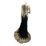 Shail K Rhinestone Mesh Black Gold Evening Gown W/ Train Size 10 Prom Photo 1