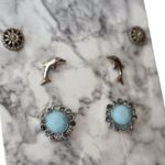 Silver & Blue Stud Earrings Set With Dolphin Floral & Round Designs Photo 1