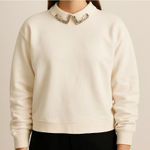 ZARA Embellished Collar Sweatshirt Ivory Pullover Long Sleeve Holiday Party LG Photo 0
