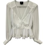 NBD X by  White Peplum Lace Trim Surplice Neck Blouson Sleeve Office Blouse Sz XS Photo 0