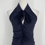 Fuzzi Halter Dress Size 42 US 6 Navy Silk Blend Ruched Ruffle Midi Elegant Chic Blue Photo 2