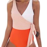 Cupshe NWT Colorblock Plunging One Piece Swimsuit Orange White sz small. Photo 0