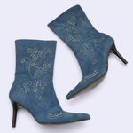 RARE Blue western country boho fabric suede ankle boots floral embroidered pointed toe stiletto heels Size 7 Photo 0