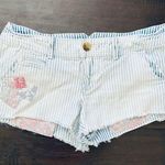 American Eagle  AE White/Blue Striped w/Floral Patchwork Cut Off Jean Shorts | 2 Photo 0