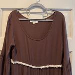 Umgee Scoop Neck Long Sleeve Boho Tiered Dress Brown with Off White Fringe Large Photo 1