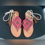 Matisse Brontë Red and Brown Tie Up Tassel Leather Sandals SZ 9 Photo 0