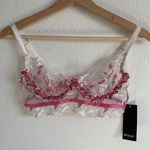 Nasty Gal White Pink Floral Embroidered Rose Appliqué Trim Underwire Mesh Bra Photo 0