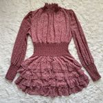 Bardot Dress Georgette Soft Floral Tiered Shirred Mini Long Sleeve Pink M Photo 3