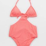 Aerie Jacquard Cut Out String One Piece Swimsuit NWT Coral Sun Photo 5