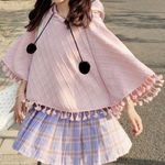 Cute Hooded Pompom Pastel Pink Poncho wi Photo 0