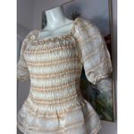 Yuni Los Angeles Beige Plaid Smocked Peplum Puff Sleeve Stretch Top Large Tan Photo 1