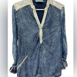 Elisa Cavaletti Italian Blue Acid Wash Pleather Trim Viscose Button Shirt Photo 0