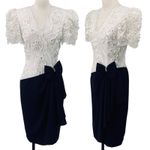 Vintage 80s Lace Bodice Cocktail Dress Embellished Bow Puff Sleeve White Navy 6 Photo 1