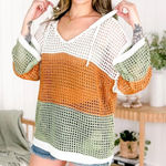 POL  Open Knit Colorblock Long Sleeve Hooded Sweater Photo 0