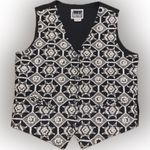 Vintage Pearl Beaded Black White Tapestry Grandpa Vest Star Festive M Size M Photo 3